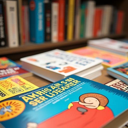 A vibrant display of recently published bestselling books, with various colourful covers prominently featured.