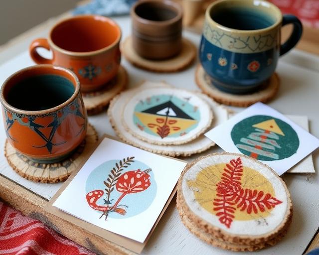A charming display of various locally made artisan crafts, including colourful ceramic mugs, patterned fabric coasters, and greeting cards featuring northern-themed illustrations.